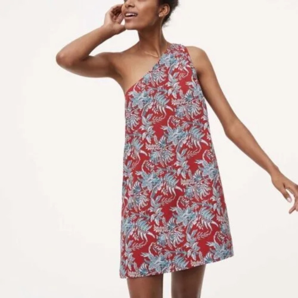 Ann Taylor LOFT Red And Teal One Shoulder Shift Dress